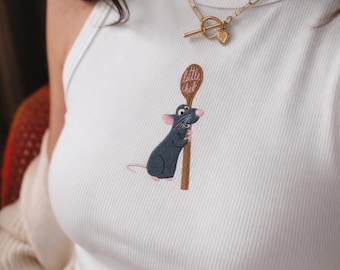 Disney Pixar Remy Ratatouille besticktes Tanktop, kleiner Koch besticktes Tanktop, süßes Disney Foodie Geschenk für Frauen, minimales Charakter Top