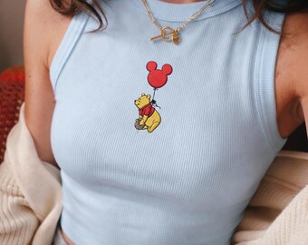 Disney Winnie The Pooh Embroidered Ribbed Tank Top, Cute Pooh Bear Mickey Balloon Tank Top, Magical Disney Gift For Women Summer Top