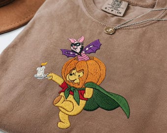 Felpa ricamata di Winnie the Pooh per Halloween, girocollo di Pooh, Pimpi e Zucca, maglione autunnale Disney per la stagione spettrale, maglietta carina per Halloween