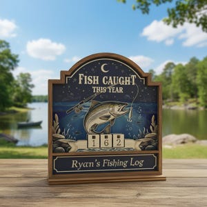 Puede incluir: Registro de pesca de madera con el texto "Fish Caught This Year" y "Ryan's Fishing Log". El letrero presenta una ilustración detallada de un pez, una caña de pescar y un señuelo. El contador muestra "162" peces capturados.