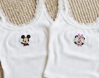 Camiseta sin mangas de encaje bordado a juego para parejas de Disney, camiseta de tirantes de Mickey y Minnie, tops cortos de Donald y Daisy, camiseta sin mangas de Pluto y Goofy de Disney