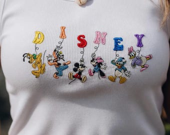 Camiseta sin mangas holgada bordada de Disney Mickey Minnie Donald Daisy Goofy Pluto, linda camiseta sin mangas con globos de Disney Friends, regalo mágico de personajes para mujer