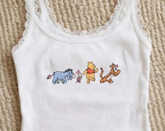 Camiseta sin mangas de encaje bordado de Winnie the Pooh, camiseta sin mangas de Disney Pooh, conjunto de verano para viaje de chicas Disney, linda camiseta de Pooh, Eeyore, Tigger y Piglet