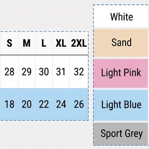 Peut inclure: Un tableau des tailles et des couleurs pour les v&ecirc;tements. Le tableau des tailles indique une longueur de corps de 68,5 cm &agrave; 81,3 cm et une largeur de corps de 40,6 cm &agrave; 66 cm. Les options de couleurs incluent blanc, noir, sable, marine, rose clair, vert for&ecirc;t, bleu clair, violet cendr&eacute;, gris sport, gris charbon et marron.