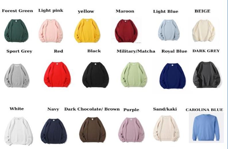 May include: A collection of crewneck sweatshirts in various colors, including forest green, light pink, yellow, maroon, light blue, and beige. Additional colors are sport grey, red, black, military/matcha, royal blue, and dark grey.