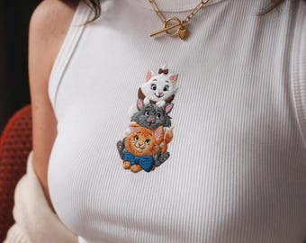 Camiseta sin mangas acanalada bordada de Los Aristogatos de Disney, camiseta sin mangas de Marie Berlioz Toulouse, linda camiseta bordada de gato de Disney, regalo para mujeres en verano