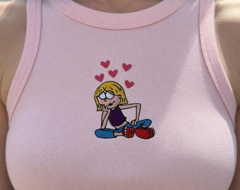 Camiseta sin mangas bordada de la caricatura de Lizzie McGuire de Disney, camiseta acanalada Lizzie Sweethearts, atuendo con estética Y2K, regalo moderno y femenino para mujeres en verano.