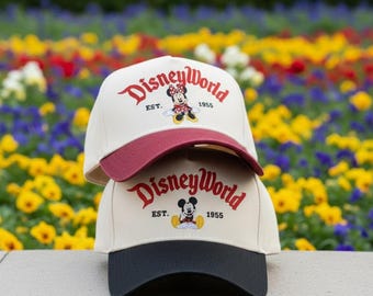 Vintage Disney World Hat with Mickey Minnie, Disney 1955 Baseball Cap, Retro Embroidered Disney Hat Gift for Park Trips, Magical Park Hat