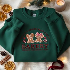 Embroidered Mickey & Minnie Gingerbread Christmas Sweatshirt – Disney Bakery Holiday Crewneck, Cookie Shirt, Cute Xmas Tee.
