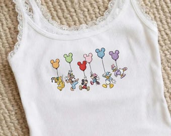 Camiseta sin mangas de encaje bordada con globos de Disney Friends, camiseta de tirantes de Mickey Minnie Donald Daisy Goofy Pluto, camiseta corta acanalada con dibujos animados.