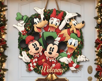 Custom Mickey & Friends Christmas Welcome Sign, Personalized Family Door Wreath, Disney Holiday Décor, Front Door Christmas Decoration.
