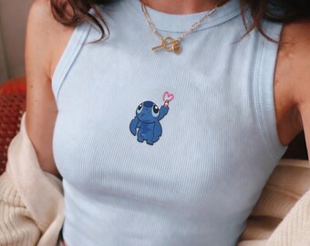 Camiseta sin mangas acanalada bordada de Disney Stitch, linda camiseta sin mangas con varita de corazón de Lilo y Stitch, regalo mágico de Disney para mujeres, dulce top de verano