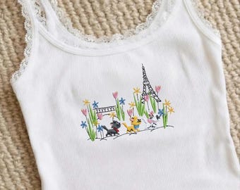 Camiseta sin mangas de encaje bordada de Los Aristogatos de París, camiseta de tirantes con estampado de gatos Disney y la Torre Eiffel, top corto acanalado de estilo francés.