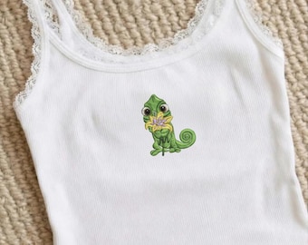 Pascal Tangled Embroidered Lace Tank Top, Cute Disney Inspired Chameleon Ribbed Cami, Princess Aesthetic Crop Top, Women’s Cartoon  Tank