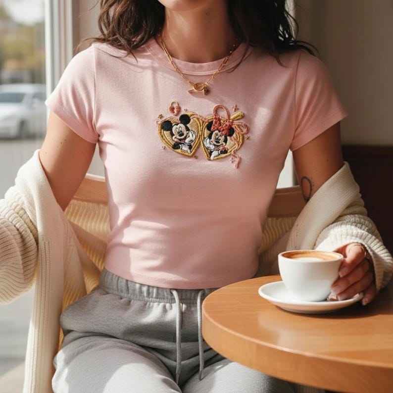 Puede incluir: Camiseta rosa claro con bordados de Mickey y Minnie Mouse en marcos con forma de coraz&oacute;n. La camiseta tiene mangas cortas y cuello redondo. Los personajes est&aacute;n en un marco dorado. La persona lleva un collar dorado y sostiene una taza de caf&eacute;.