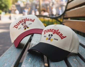 Gorra vintage de Disneyland con Mickey y Minnie, gorra de béisbol Disney de 1955, gorra Disney bordada retro, regalo para viajes al parque, gorra mágica del parque.