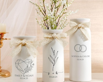 Jarrón de flores de compromiso personalizado: jarrón de cerámica personalizado con nombre y fecha, regalo de bodas, regalo de despedida de soltera, regalo para recién casados.