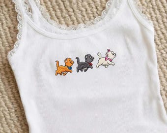 Top de tirantes de encaje bordado de Los Aristogatos, Cami de Marie Toulouse Berlioz, Lindo conjunto de verano para viaje de chicas Disney, Top de encaje Lady Cat