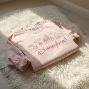 May include: A light pink sweatshirt with the word "Disneyland" embroidered in a cursive font. The design includes a castle, fireworks, and other park icons. The sweatshirt is folded on a white, fluffy surface.