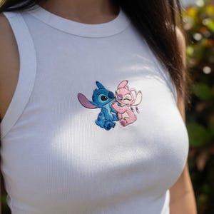 Disney Stitch And Angel Embroidered Tank Top, Cute Lilo And Stitch Couple Top, Kawaii Disney Gift For Women, Sweet Park Outfit image 1