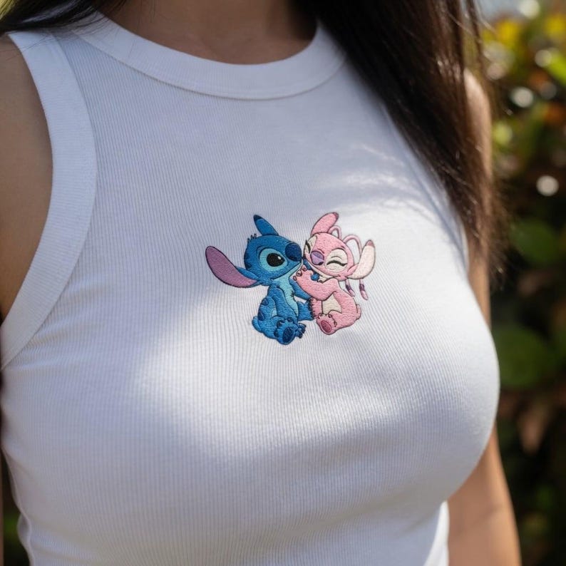 Disney Stitch And Angel Embroidered Tank Top, Cute Lilo And Stitch Couple Top, Kawaii Disney Gift For Women, Sweet Park Outfit image 1