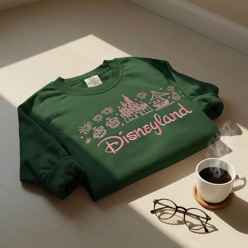 May include: A dark green sweatshirt with the word "Disneyland" in pink script, along with pink illustrations of a castle, teacups, and other park icons. A cup of coffee and glasses are next to the sweatshirt.