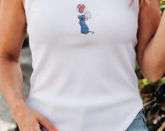 Camiseta sin mangas holgada bordada de Remy Ratatouille de Disney Pixar, linda camiseta sin mangas de Remy Mickey con globos, regalo minimalista de Disney para amantes de la comida para mujeres en verano
