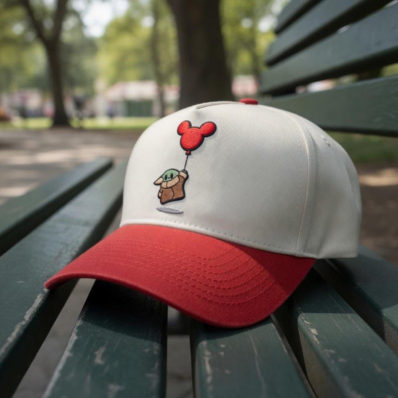 May include: A white baseball cap with a red brim. The cap features an embroidered image of a character holding a red Mickey Mouse balloon. The cap is resting on a green bench in an outdoor setting.