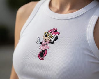 Camiseta sin mangas acanalada de Minnie Mouse de Disney, camiseta bordada con gafas de sol de Minnie, regalo mágico para vacaciones en los parques Disney para mujeres.