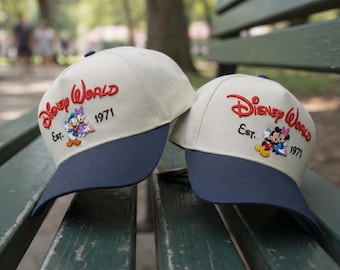 Gorra bordada de Disney World con Mickey, Minnie, Donald y Daisy, Est. 1971, Gorra para parejas de Disney, Gorra de béisbol vintage de parques Disney, Regalo para parejas