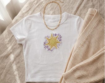 Camiseta de bebé con bordado de Rapunzel Sun, camiseta corta de Enredados Celestial Sun, atuendo vintage de princesa Disney para niñas (2026)