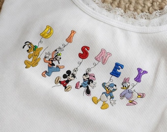 Disney Pluto Goofy Mickey Minnie Donald Daisy geborduurde kanten tanktop, leuke Disney Friends ballontanktop, parkdag outfit cadeau voor haar