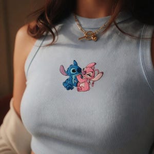 Disney Stitch And Angel Embroidered Tank Top, Cute Lilo And Stitch Couple Top, Kawaii Disney Gift For Women, Sweet Park Outfit image 2