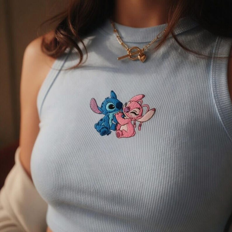 Disney Stitch And Angel Embroidered Tank Top, Cute Lilo And Stitch Couple Top, Kawaii Disney Gift For Women, Sweet Park Outfit image 2