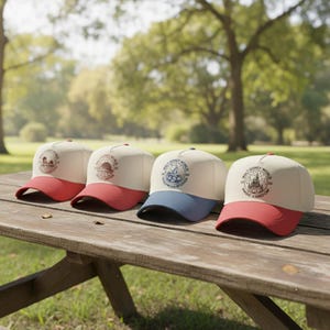 May include: Four baseball caps with the Walt Disney World logo are displayed on a wooden picnic table. The caps have a cream-coloured crown, a red or blue peak, and a red button on top. The caps feature different park logos.