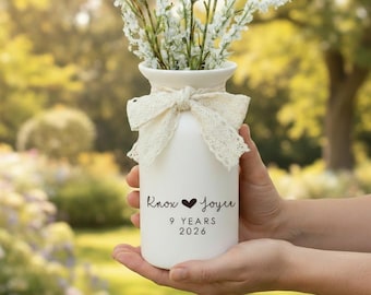 Jarrón de aniversario personalizado con nombres y años, regalo de cerámica personalizado para aniversario de bodas de pareja, decoración de recuerdo de 9 años