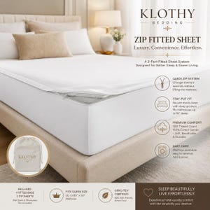 May include: A white zip fitted sheet set on a bed, with a matching pillow and a decorative pillow. The sheet set includes a fitted base and two zip sheets. The text on the image says "ZIP FITTED SHEET" and "Luxury. Convenience. Effortless."