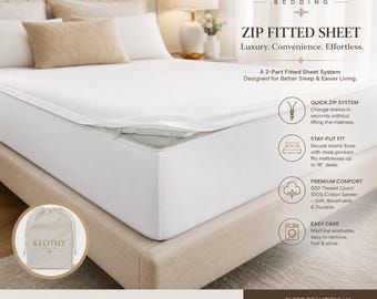 Klothy Zip Fitted Sheet System, Queen 100% Cotton Sateen (1 Base, 2 Sheets)
