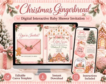 Invitación navideña para baby shower con temática de pan de jengibre, plantilla editable de Canva, invitación digital interactiva rosa, A Little Sweetie