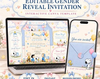 Invitación editable de Peanuts para revelar el sexo del bebé, plantilla interactiva de Canva para sitio web, invitación rosa y azul para revelar el sexo del bebé, descarga instantánea.