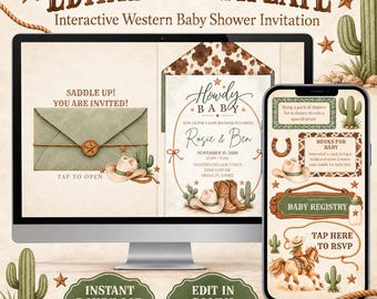 Invitación editable para baby shower con temática del Oeste, plantilla web Howdy Baby para Canva, invitación para baby shower con temática vaquera, descarga digital instantánea.