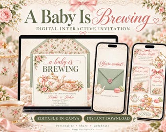 Invitación digital interactiva para baby shower "Se avecina un bebé", invitación para fiesta de té, plantilla editable de Canva, diseño floral rosa, descarga instantánea.