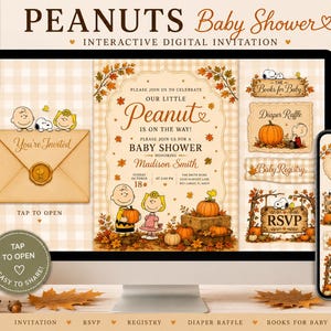 Può includere: Un set di inviti digitali per baby shower a tema Peanuts visualizzato su un monitor di computer e sullo schermo di uno smartphone. Il design presenta foglie autunnali, zucche e i personaggi Charlie Brown e Sally. Il testo include Our Little Peanut, RSVP, Books for Baby, Diaper Raffle e Baby Registry.