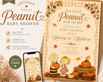 May include: An editable baby shower invitation template featuring a fall theme with orange pumpkins, autumn leaves, and Peanuts characters. The text reads Our Little Peanut Is On The Way, honoring Hailey and Mathew, with event details included.