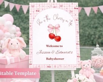 Sjabloon met welkomstbord voor babyshower | Bewerkbaar babyshowerbord | Kersen babyshowerdecoratie | Zij is de kers op de taart | Afdrukbaar