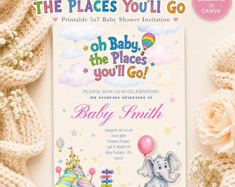 Plantilla de invitación para baby shower "Oh, los lugares a los que irás" / Invitación para baby shower del Dr. Seuss / Plantilla editable de Canva / Invitación imprimible de 5x7 pulgadas