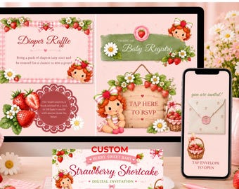 Invitación para baby shower con temática de fresas, invitación digital "Bebé Dulce de Bayas", invitación interactiva personalizada con enlaces para confirmación de asistencia y registro de regalos.