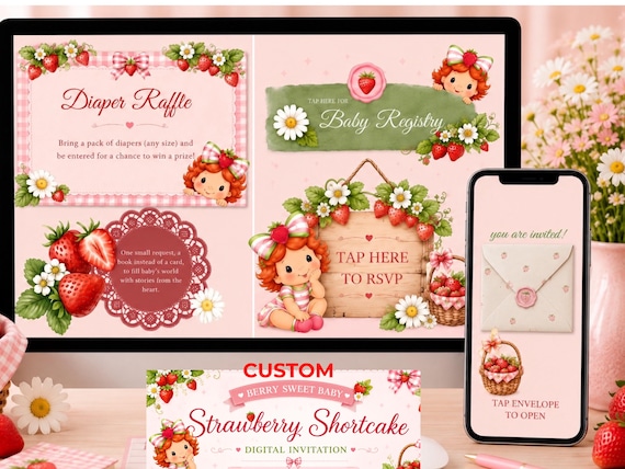 Strawberry Shortcake Baby Shower Invitation, Berry Sweet Baby Digital Invitation, Custom Interactive Invite with RSVP & Registry Links