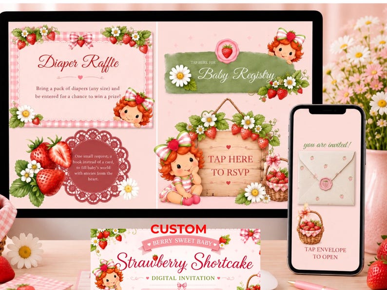 May include: A digital invitation set featuring a Strawberry Shortcake theme with pink backgrounds, illustrations of a girl with red hair, strawberries, and daisies. Text includes Diaper Raffle, Baby Registry, Tap Here to RSVP, and Strawberry Shortcake.