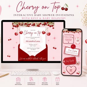 Może przedstawiać: Monitor komputerowy i smartfon wyświetlające interaktywne zaproszenia na baby shower z motywem wiśni. Ekran pokazuje tekst Cherry on Top, Alexandra Luna oraz szczegóły wydarzenia. Telefon wyświetla cyfrowe karty rejestru dziecka i opcje RSVP.